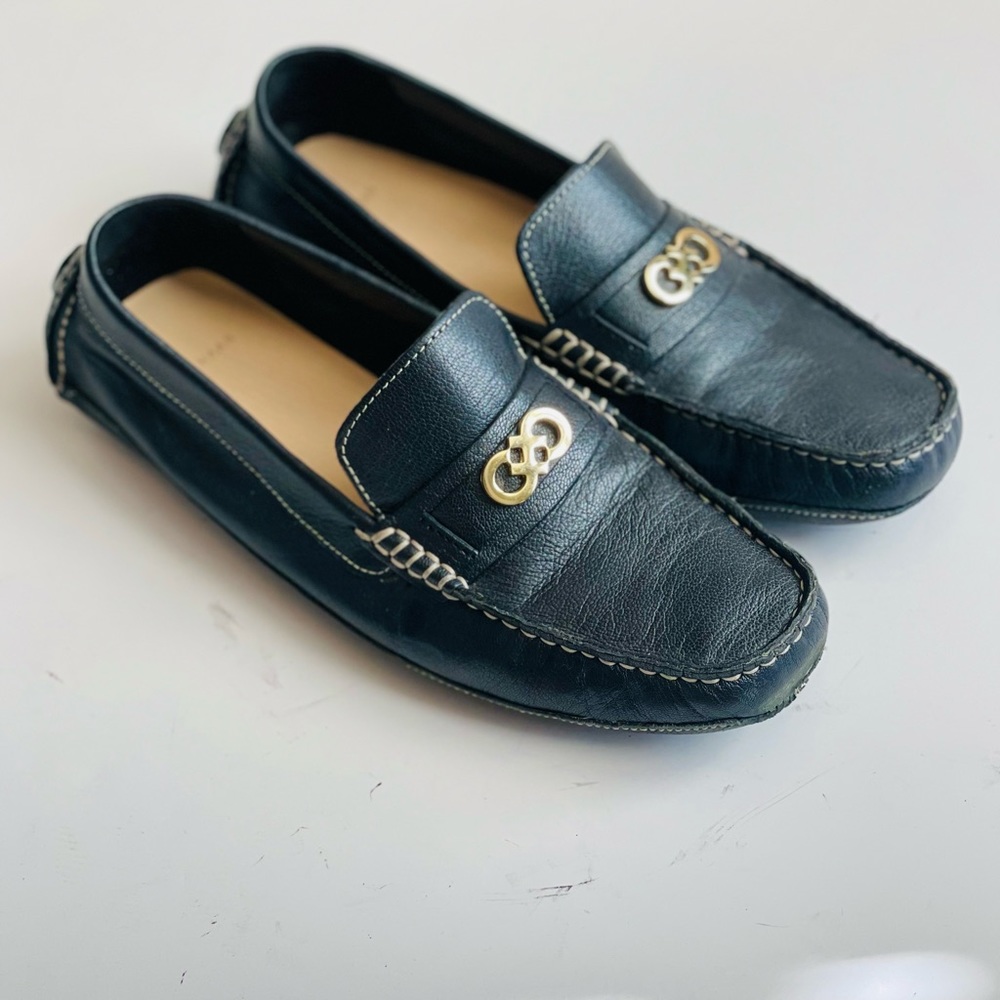 Cole Haan Black Leather Moccasin Loafers with Gold Hardware